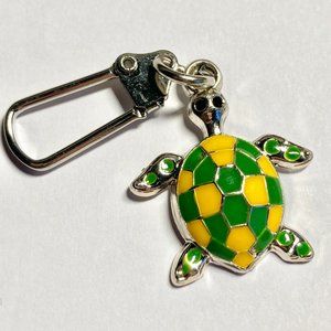 Sea Turtle Keychain Zipper Pull Purse Charm Backpack Yellow Green Silver Plated